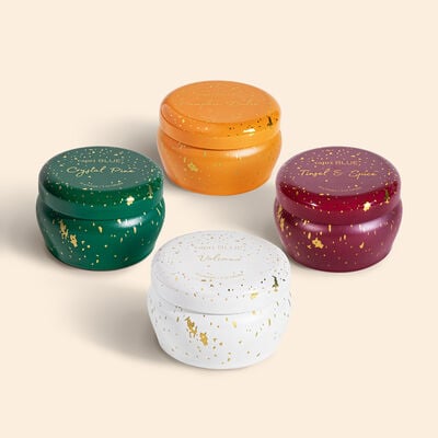 Glimmer Holiday Mini Tin Kit features sweet Pumpkin Dulce, sparkling Crystal Pine, festival Tinsel & Spice and the iconic VOLCANO!
